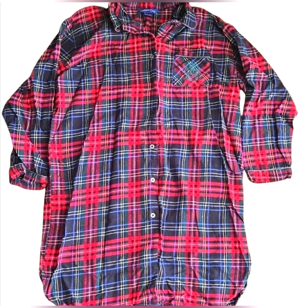 Charter Club plaid woman's night shirt long sleeve embroidered pocket, size M